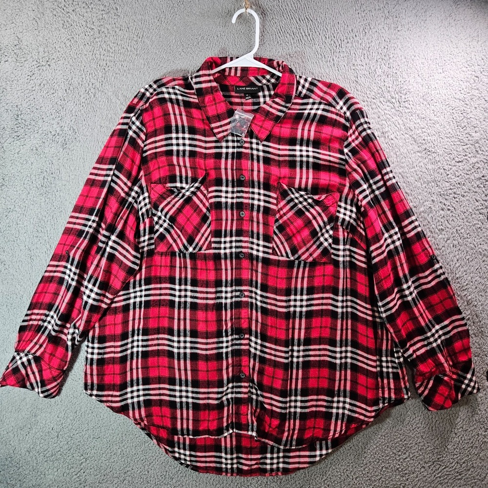 NEW Lane Bryant Shirt Top Women Size 26 Button Up Long Sleeve Red Black Plaid‎